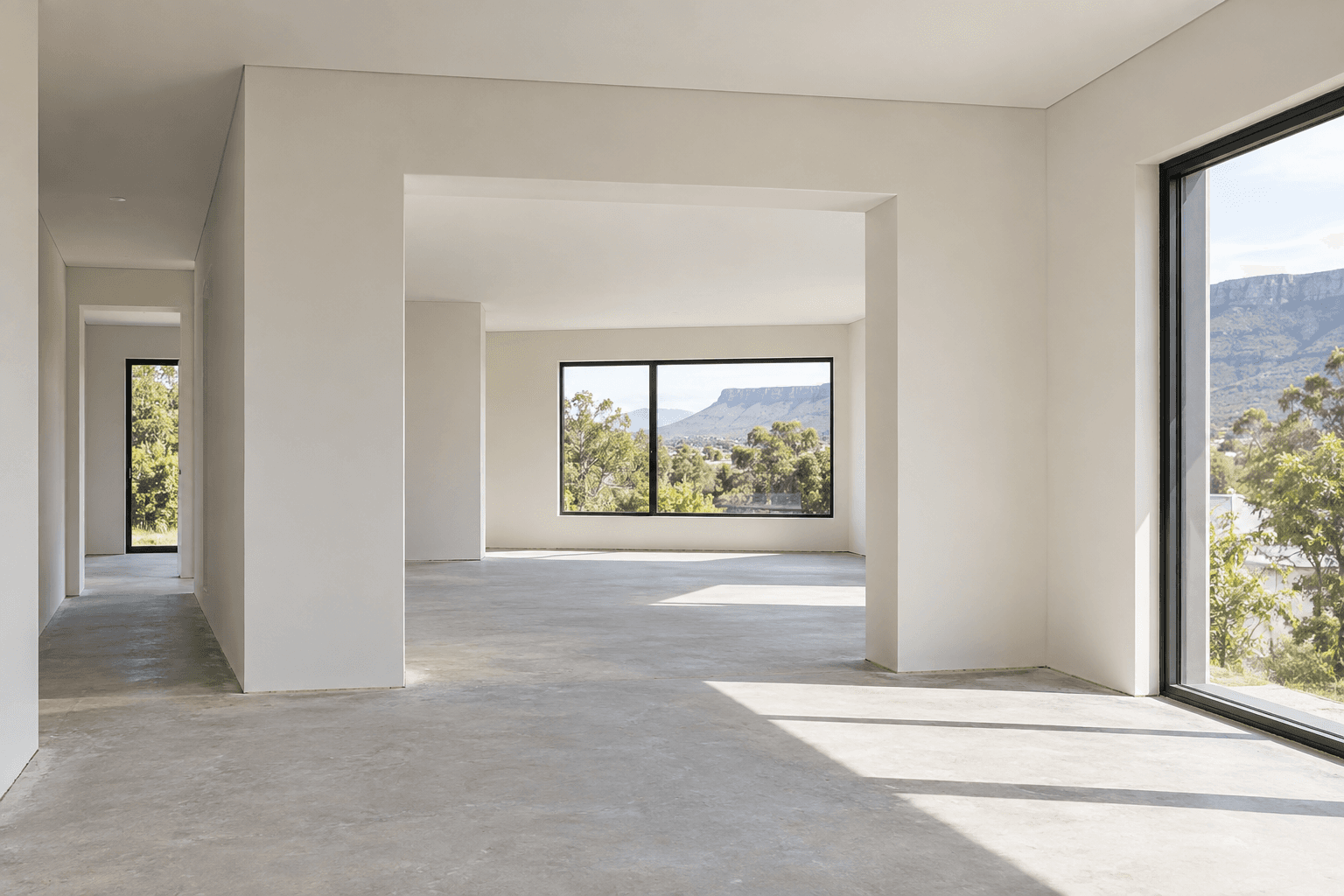 Architectural interior at the completed plasterboard lining stage with clean rectangular openings